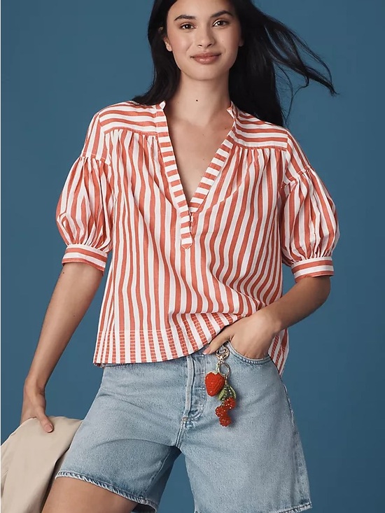 Anthropologie Tops - Anthropologie Darcy Popover Orange and White Striped V-Neck Puff Sleeve Blouse